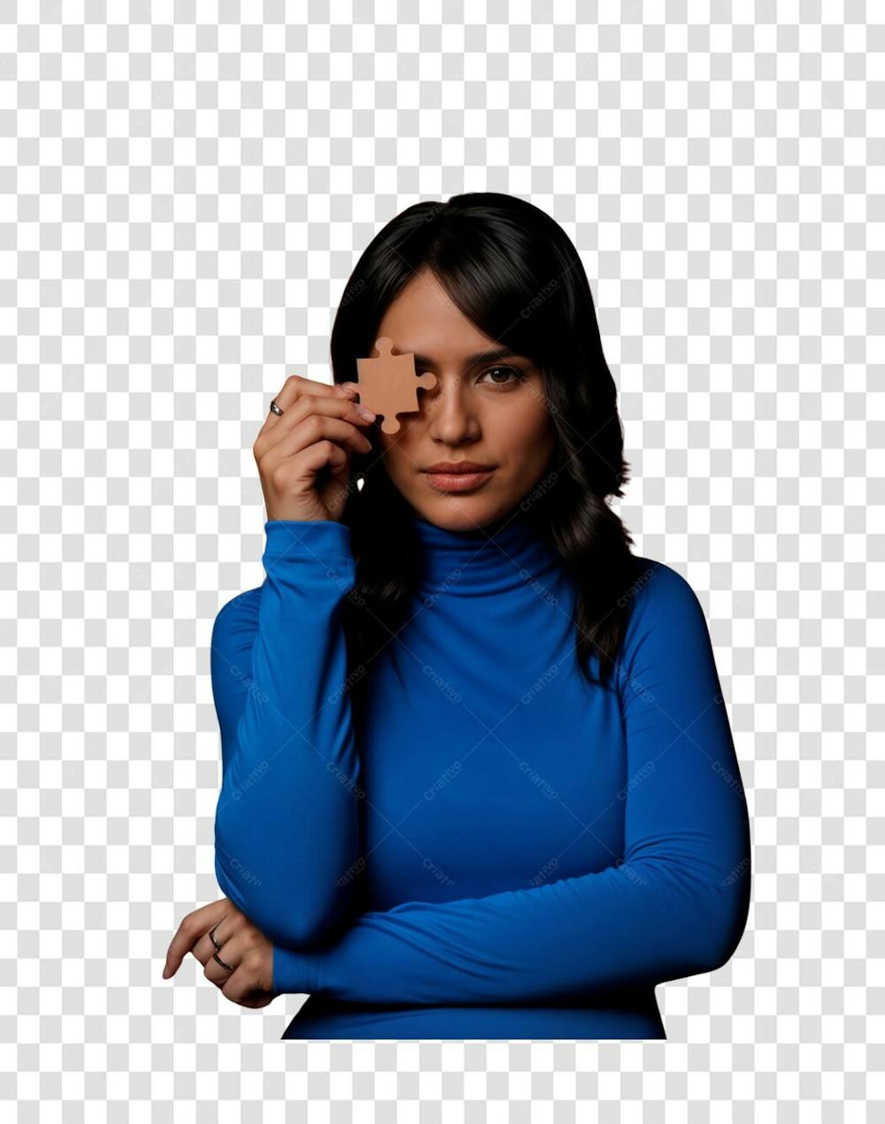 Mulher segurando peça de quebra-cabeça png transparente
