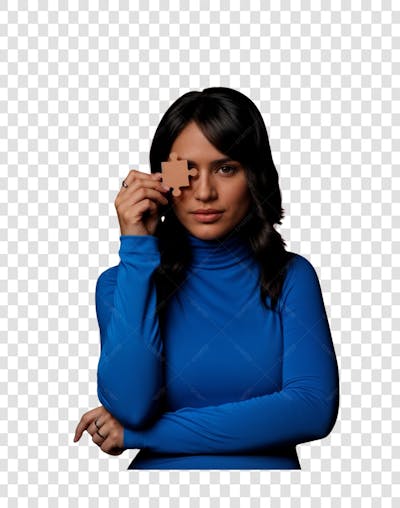 Mulher segurando peça de quebra-cabeça png transparente