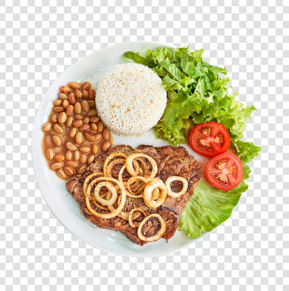 Salada, carne, feijão e arroz