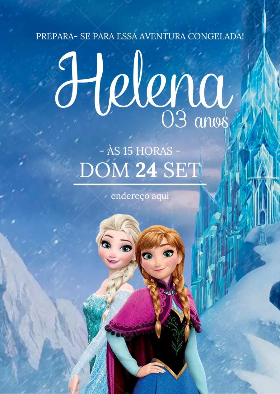 Convite de Aniversário Frozen com Elsa e Anna Editável no Canva
