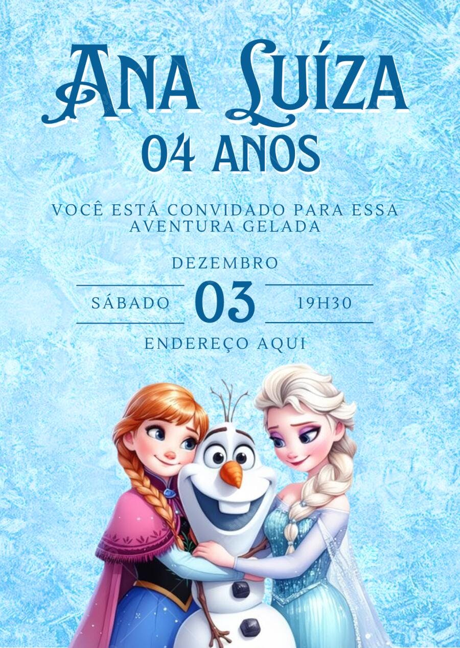 Convite de Aniversário Frozen Ana e Elsa Editável no Canva