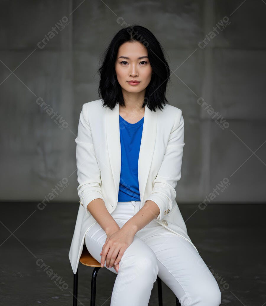 Mulher asiática em blazer branco e calça branca