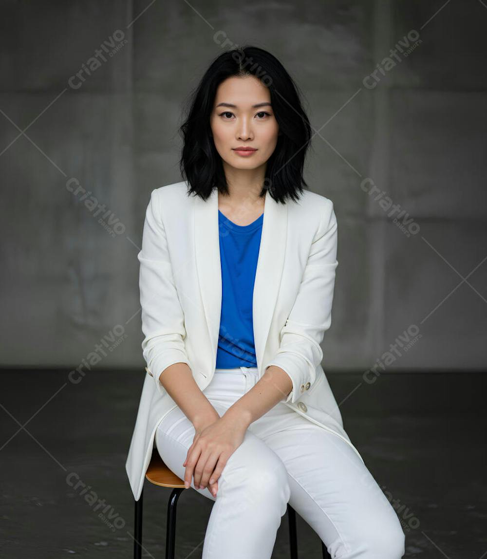 Mulher Japonesa Empreendedora usando conjunto social branco