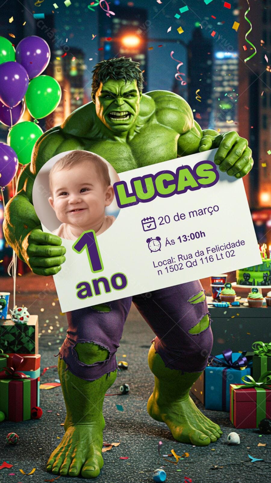 Convite de aniversário Hulk 1 ano Editável no Canva