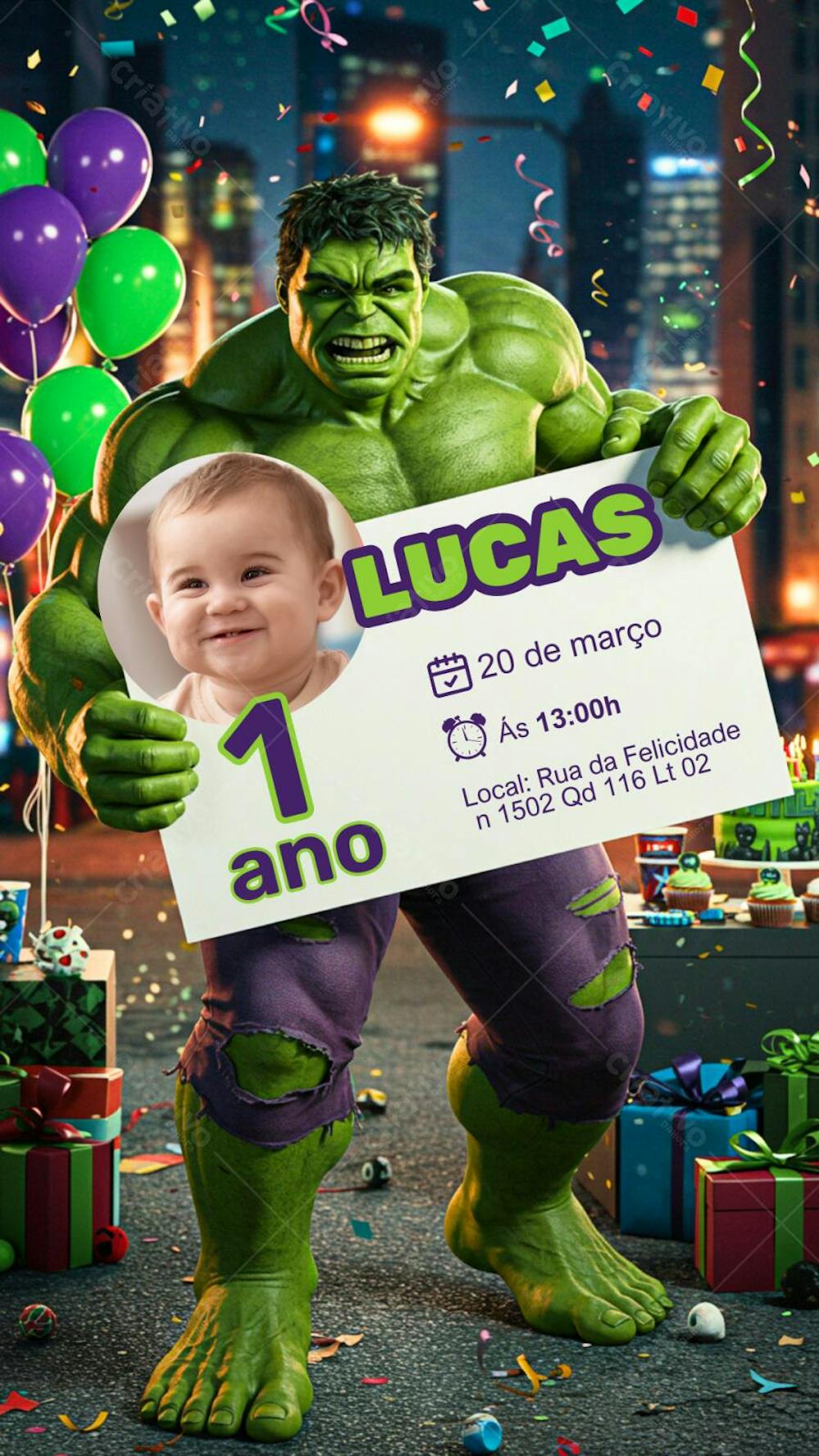  Convite Aniversário Hulk Marvel editável 