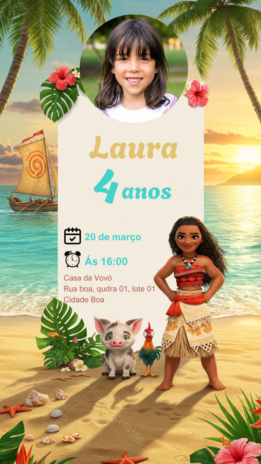 Convite de Aniversário Infantil Moana com tema Tropical Editável no Canva