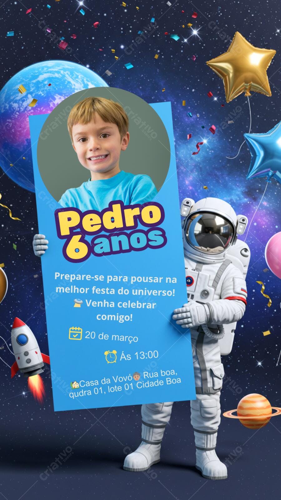 Convite Festa Infantil Astronauta Azul e Dourado Editável no Canva