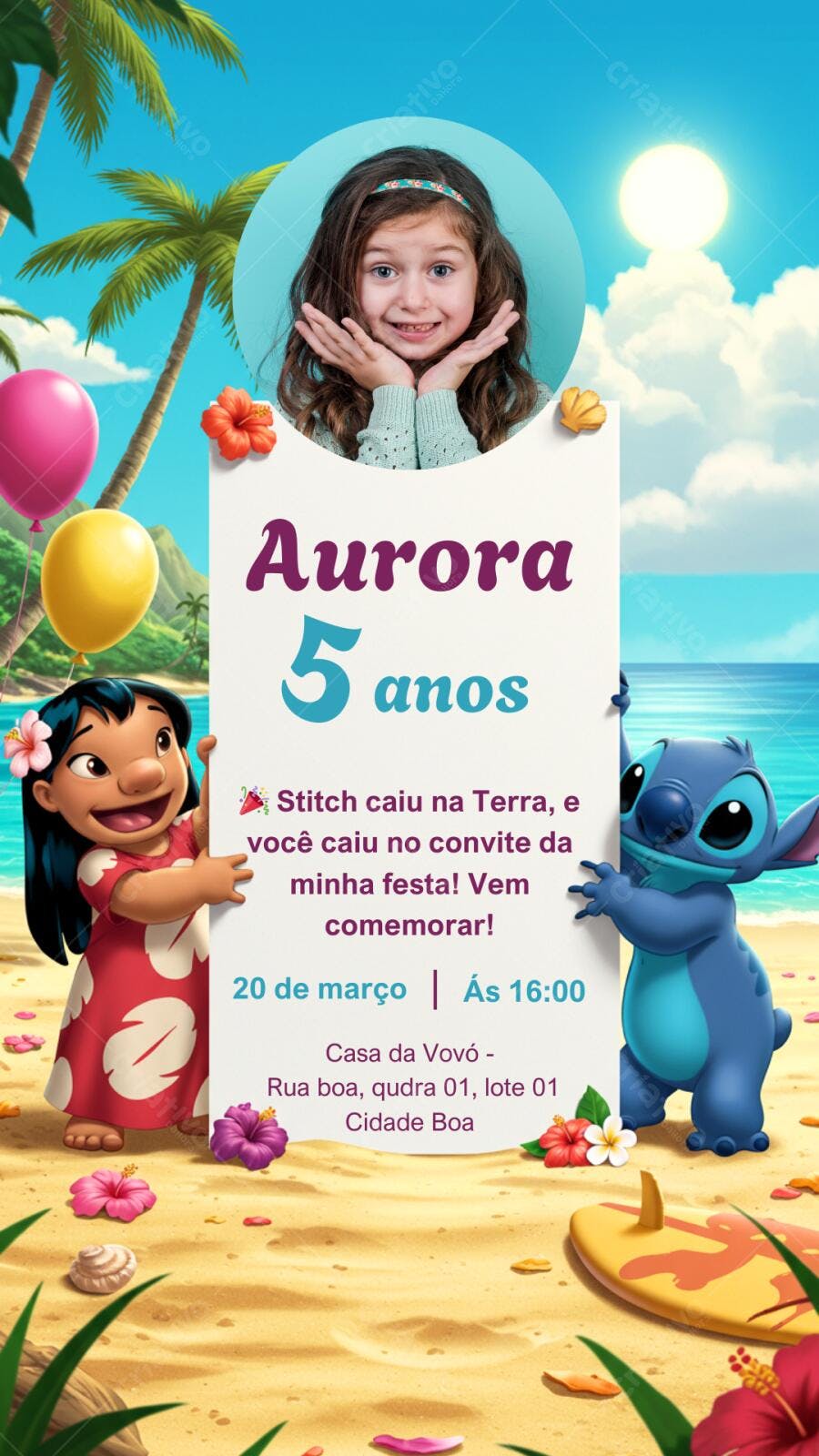 Convite de Aniversário Infantil Stitch e Lilo Praia Editável no Canva