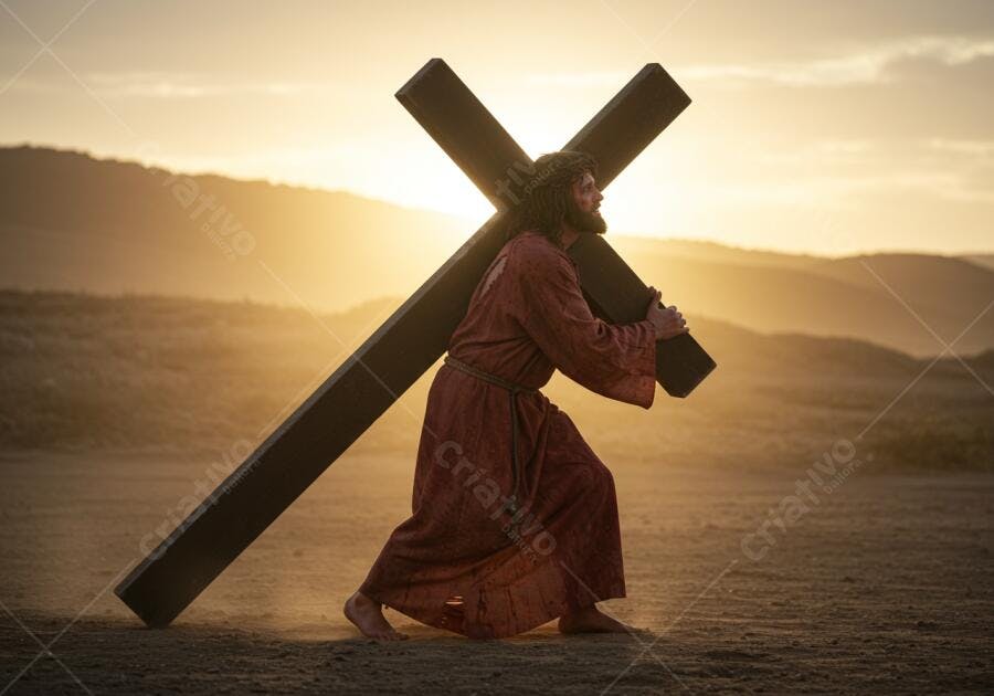 Jesus carregando a cruz ao pôr do sol