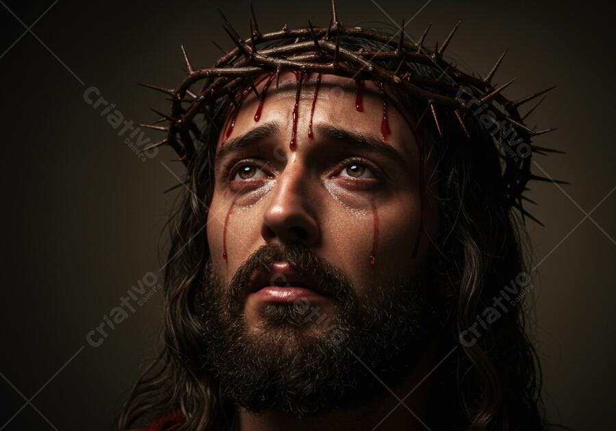 Jesus Cristo com coroa de espinhos e sangue