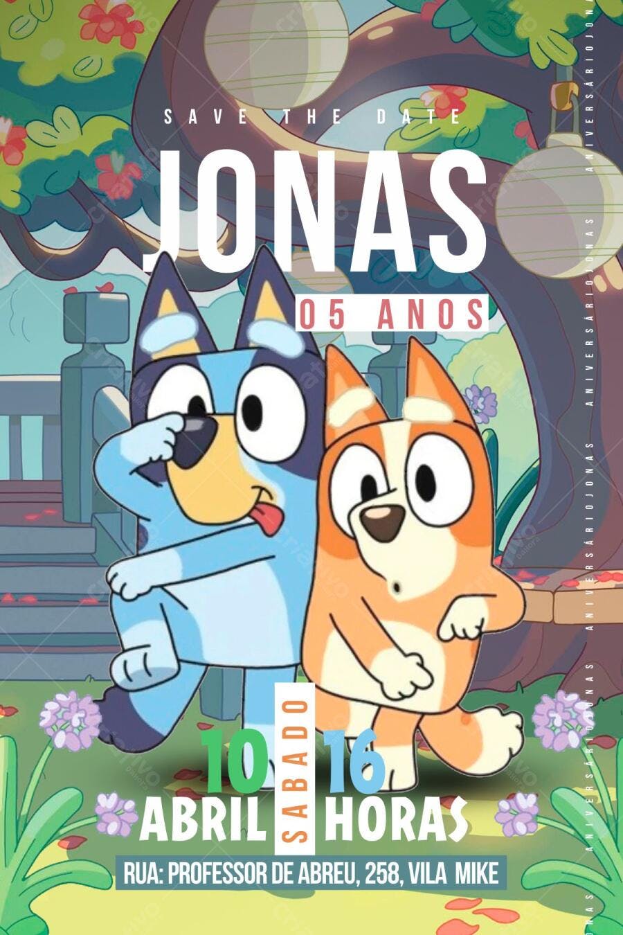 Convite de Aniversário Infantil Bluey e Bingo Editável no Canva