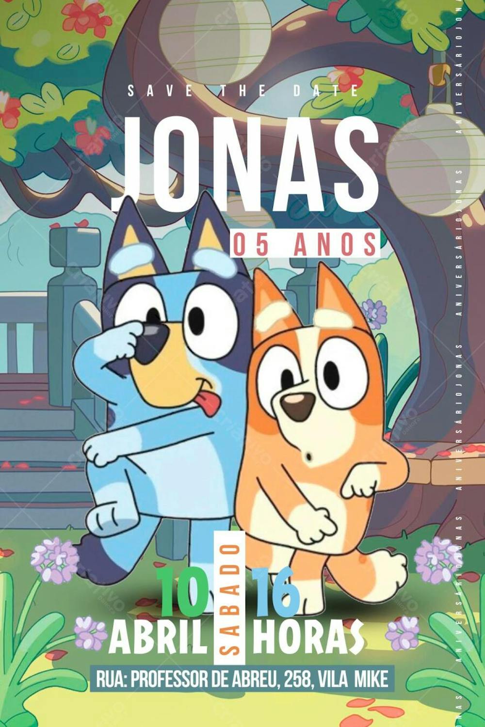 Convite de Aniversário Infantil do Bluey e Bingo Editável no Canva