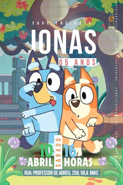 Convite de Aniversário Infantil do Bluey e Bingo Editável no Canva