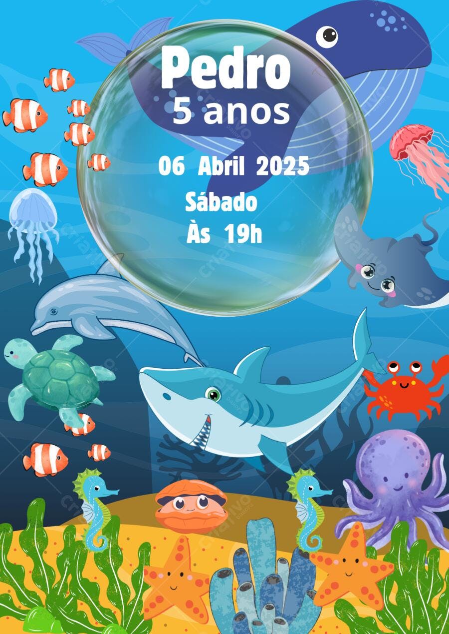 Convite Aniversário Infantil Mundo Submarino Editável no Canva