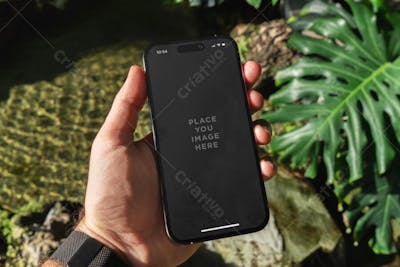 Smartphone iphone 16 in hand psd Editable Mockup (9)