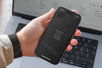Smartphone iphone 16 in hand psd Editable Mockup (13)
