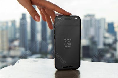 Smartphone iphone 16 in hand psd Editable Mockup (16)