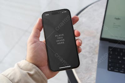 Smartphone iphone 16 in hand psd Editable Mockup (14)