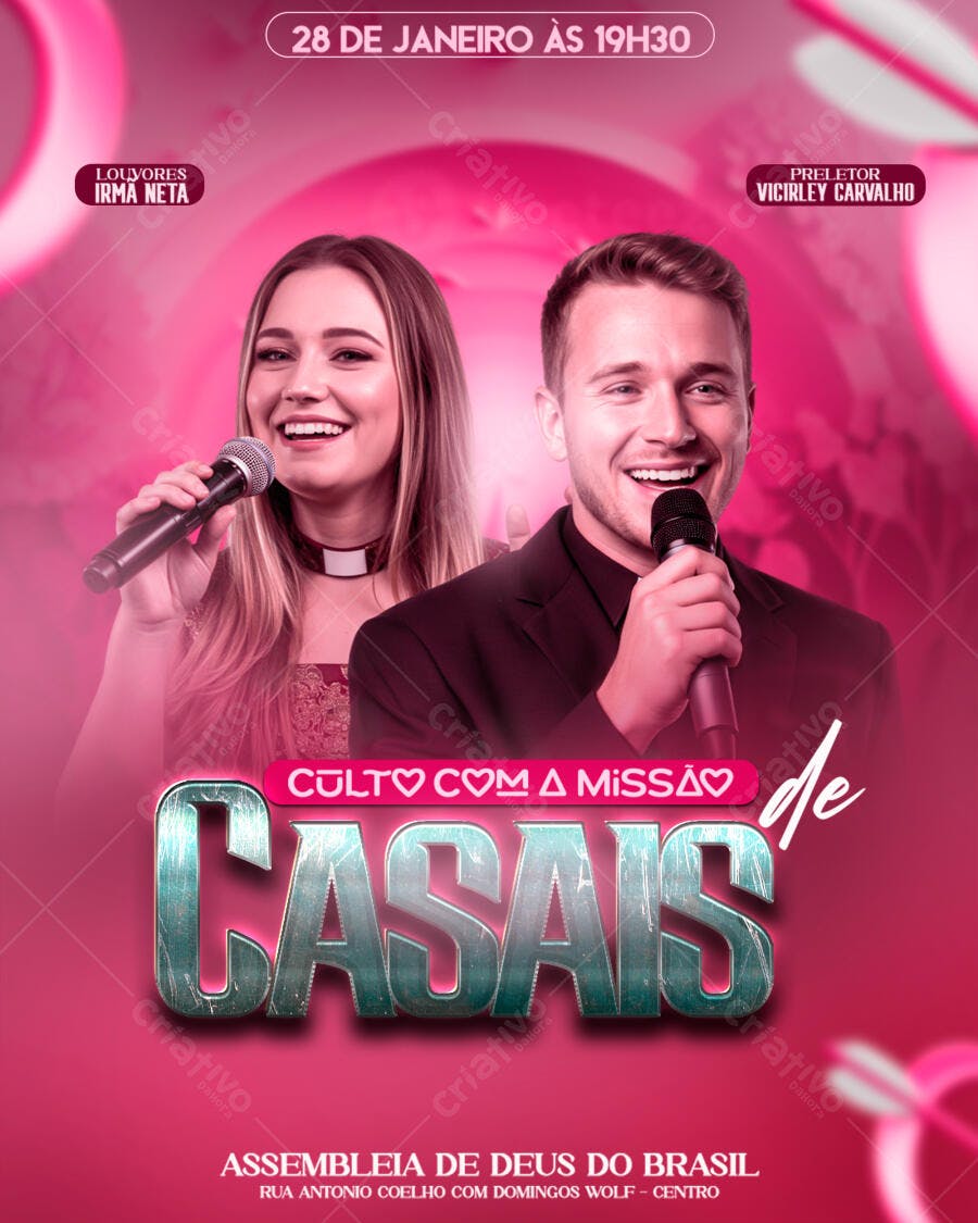 Flyer para Culto com a Missão de Casais 28 de Janeiro PSD Editável