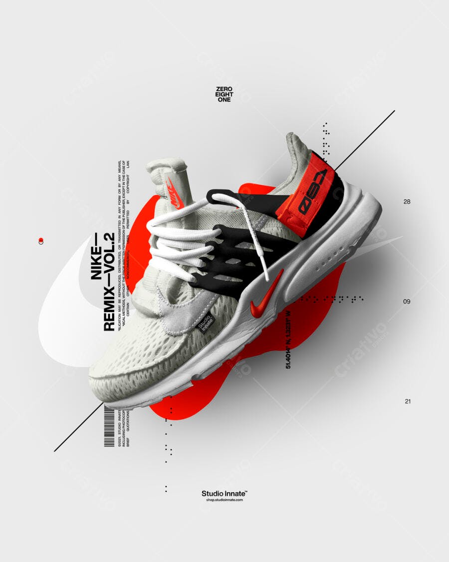 Mockup de Tênis Nike Remix: Visual Moderno em Tons de Cinza e Vermelho