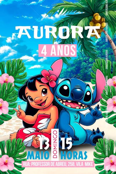 Convite de Aniversário Infantil do Lilo & Stitch Editável no Canva