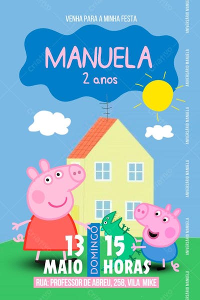 Convite de Aniversário Infantil da Peppa Pig e Jorge Pig Editável no Canva