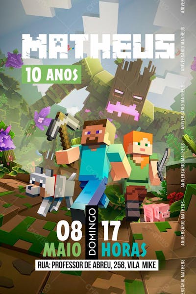 Convite de Aniversário Infantil do Jogo Minecraft Editável no Canva