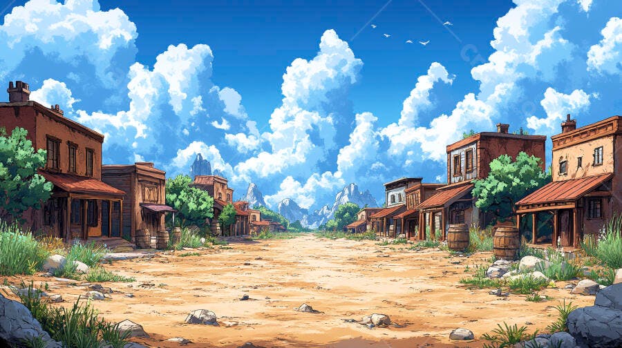 Cidade do Oeste sob céu azul ensolarado