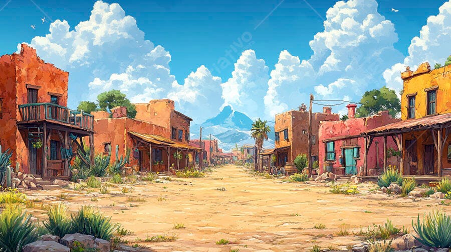 Cidade do Oeste sob o sol da tarde