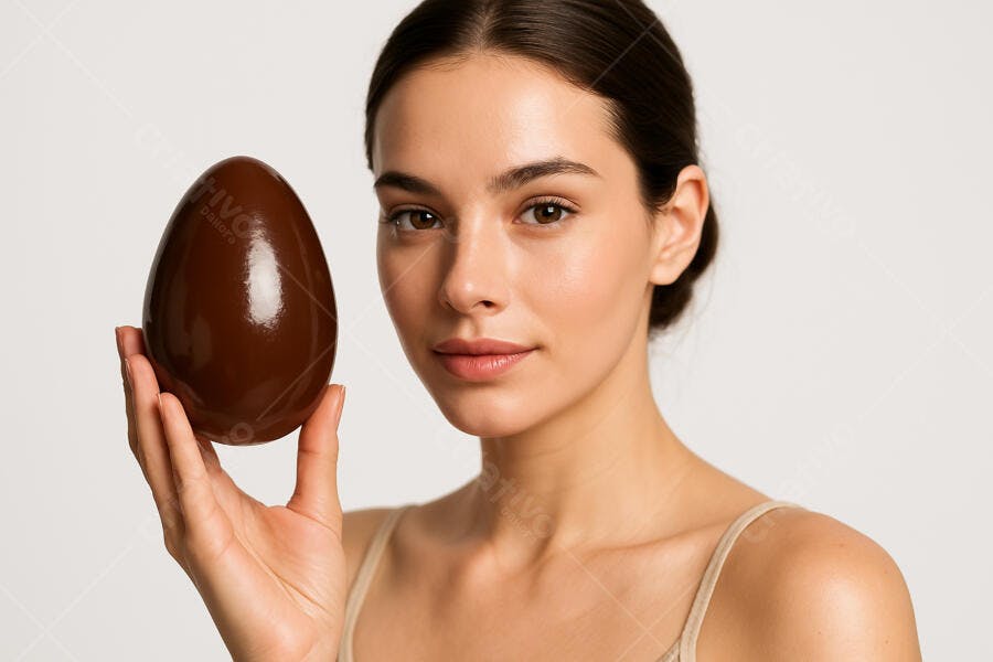 Mulher segurando ovo de chocolate marrom