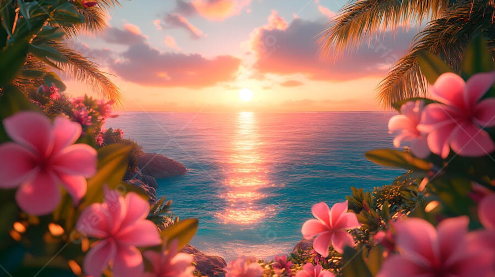 Pôr do sol tropical sobre o oceano com flores rosas e palmeiras