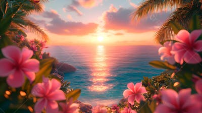 Pôr do sol tropical sobre o oceano com flores rosas e palmeiras
