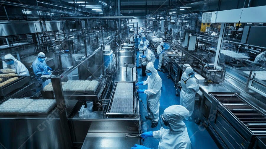 Linha de produção de alimentos trabalhadores em uniformes azuis