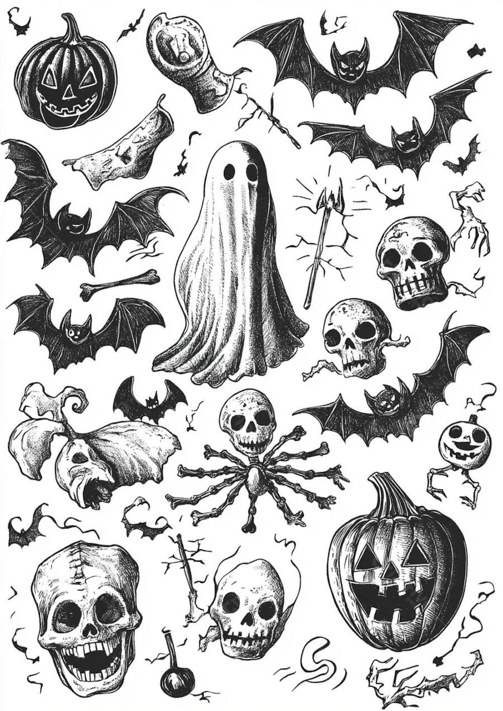 Um desenho detalhado de vários símbolos do Halloween_01