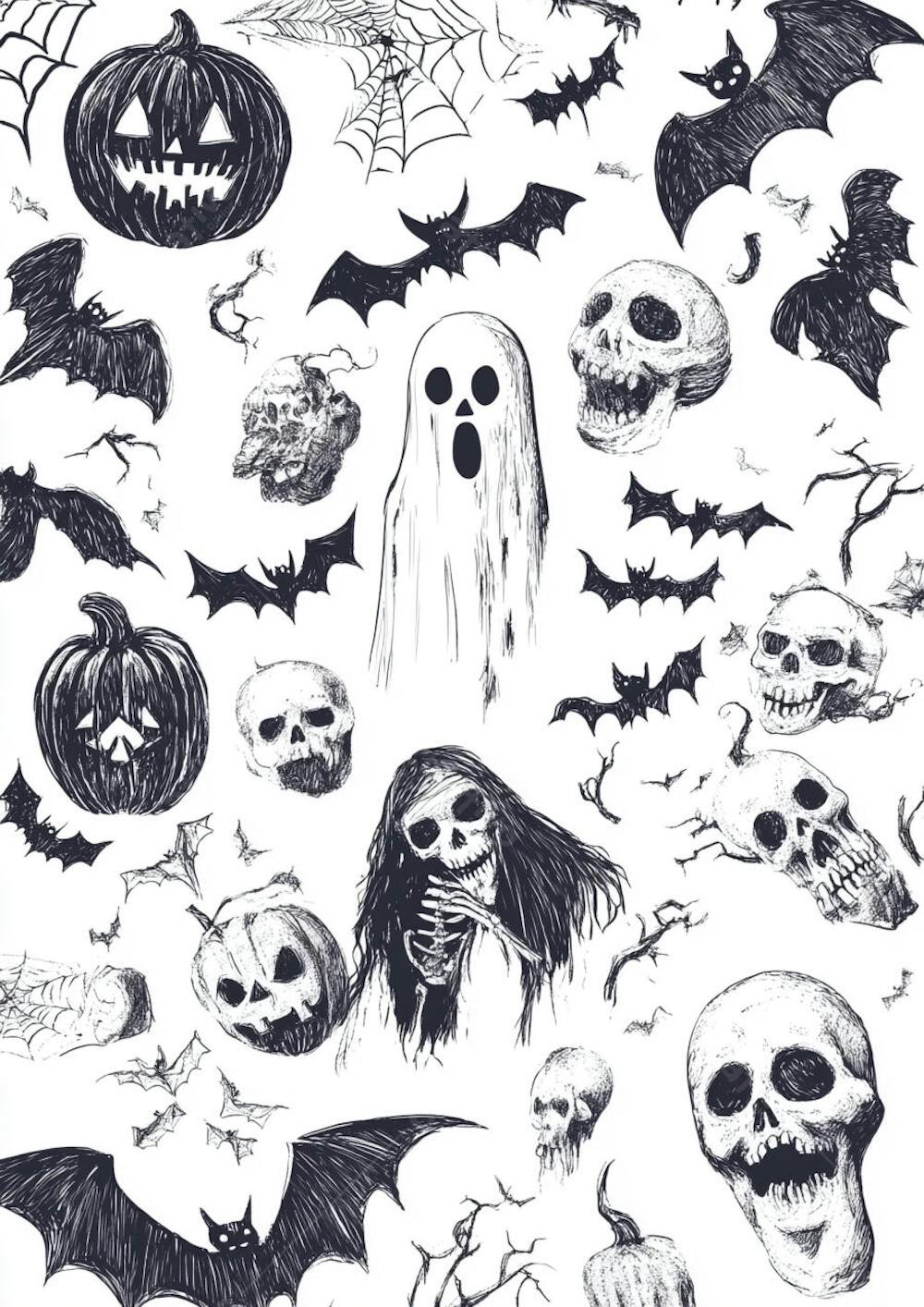 Um desenho detalhado de vários símbolos do Halloween_02