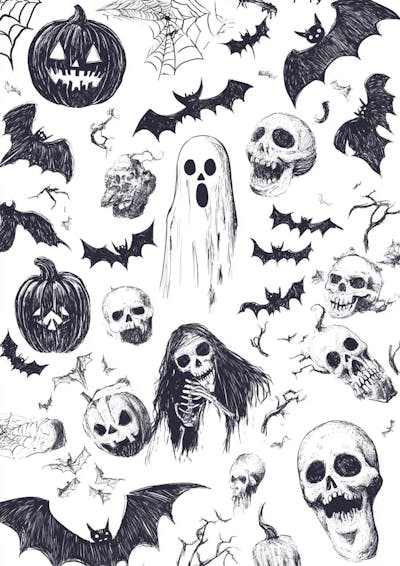 Um desenho detalhado de vários símbolos do Halloween_02