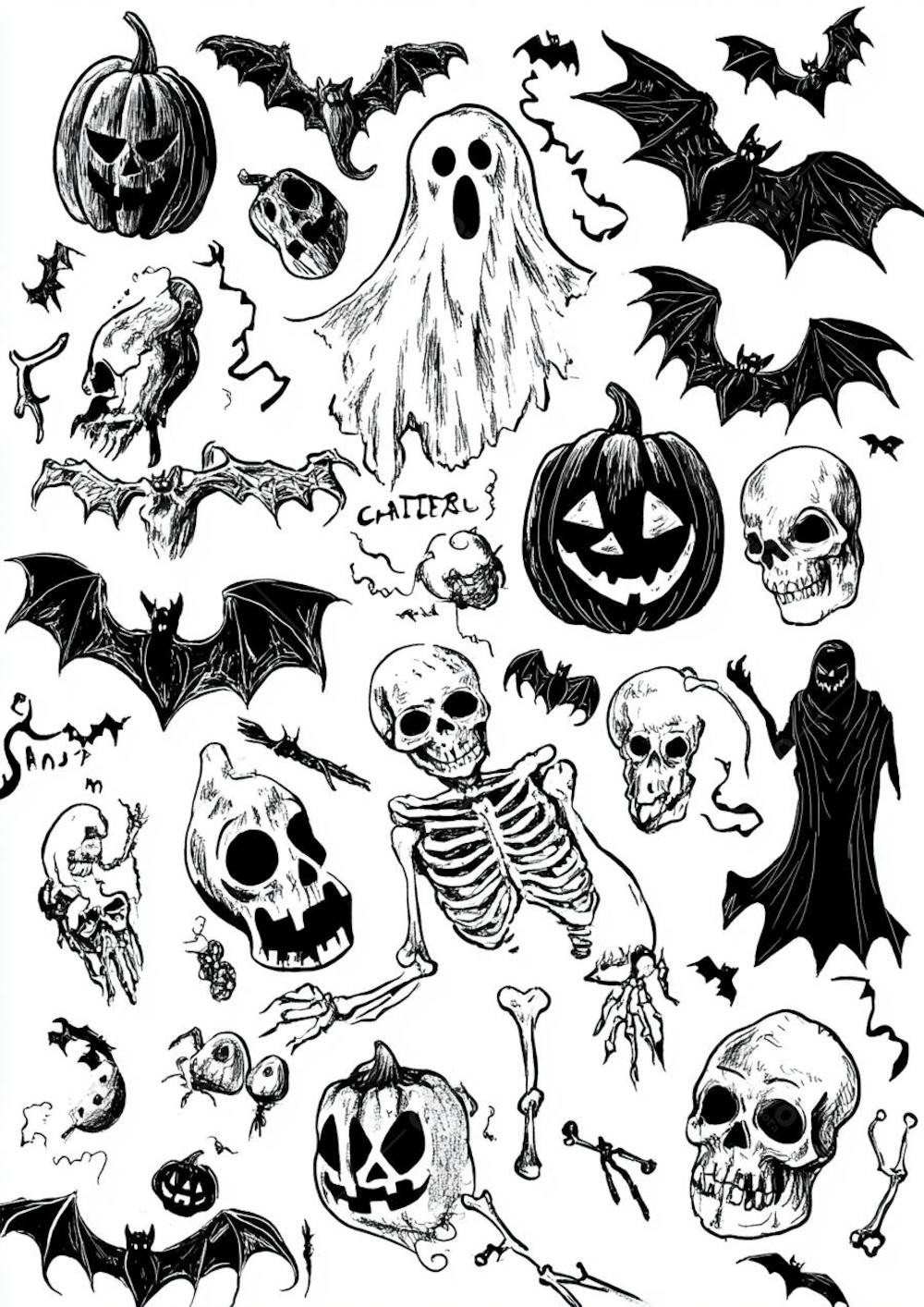 Um desenho detalhado de vários símbolos do Halloween_03