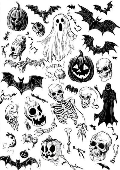 Um desenho detalhado de vários símbolos do Halloween_03