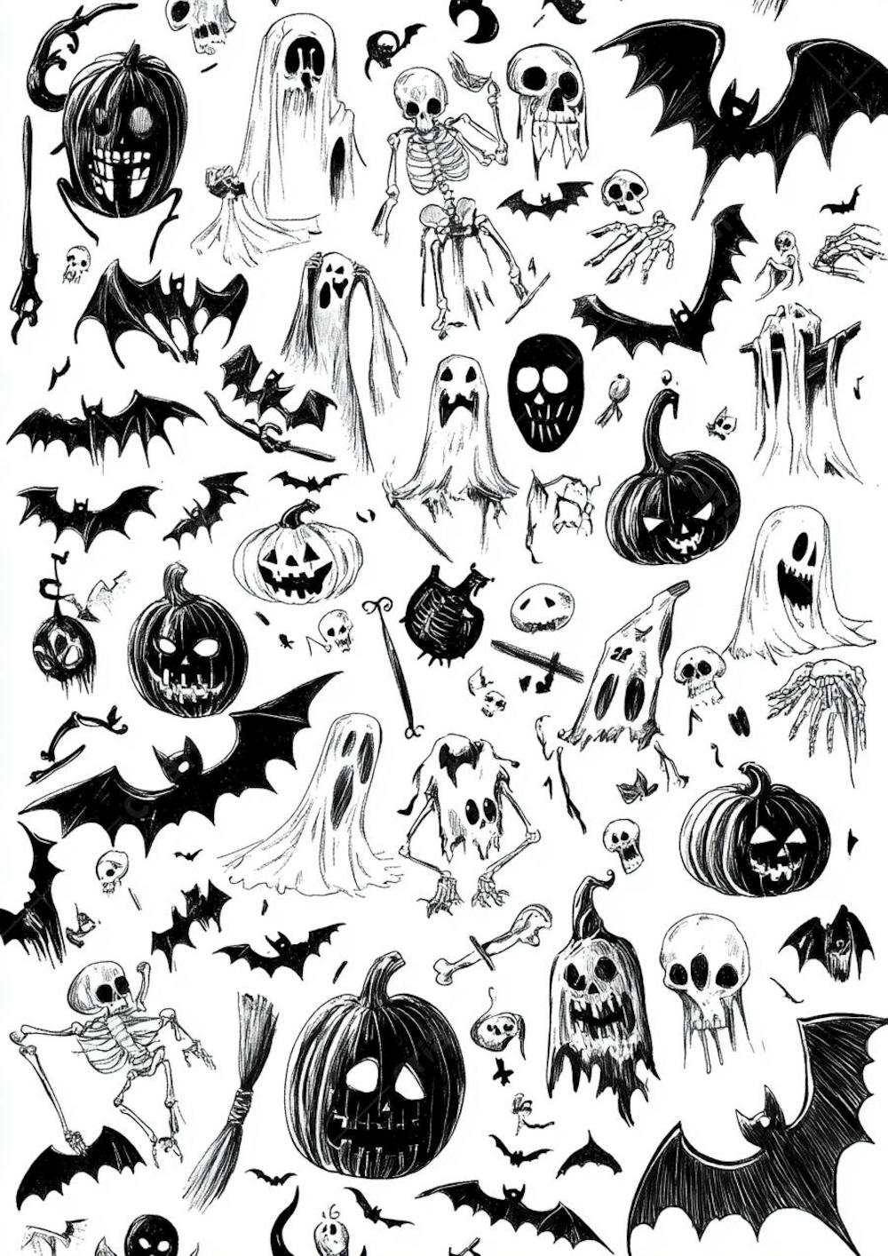 Um desenho detalhado de vários símbolos do Halloween_04