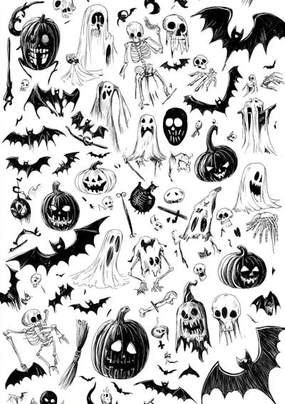 Um desenho detalhado de vários símbolos do Halloween_04