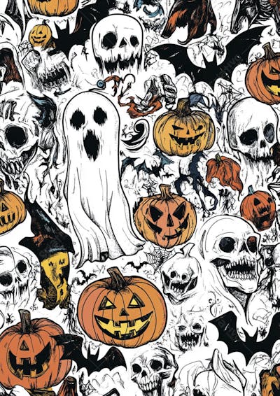 Um desenho detalhado de vários símbolos do Halloween_06