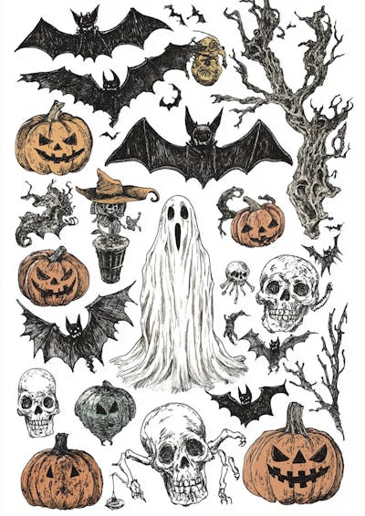 Um desenho detalhado de vários símbolos do Halloween_05