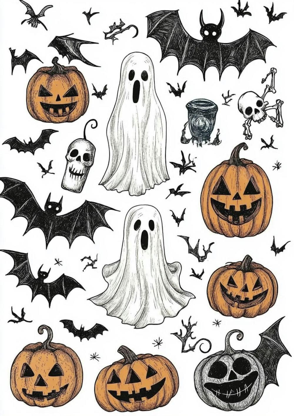 Um desenho detalhado de vários símbolos do Halloween_09