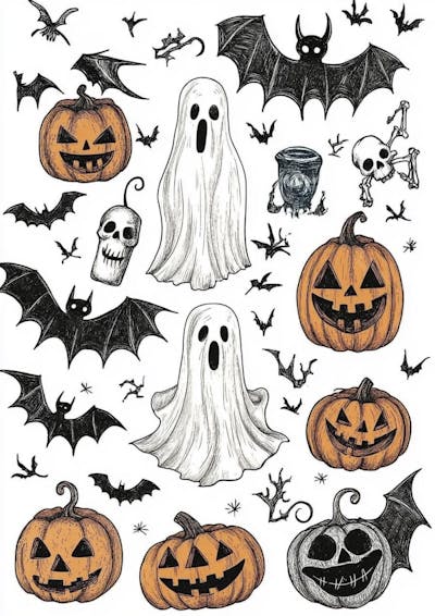 Um desenho detalhado de vários símbolos do Halloween_09