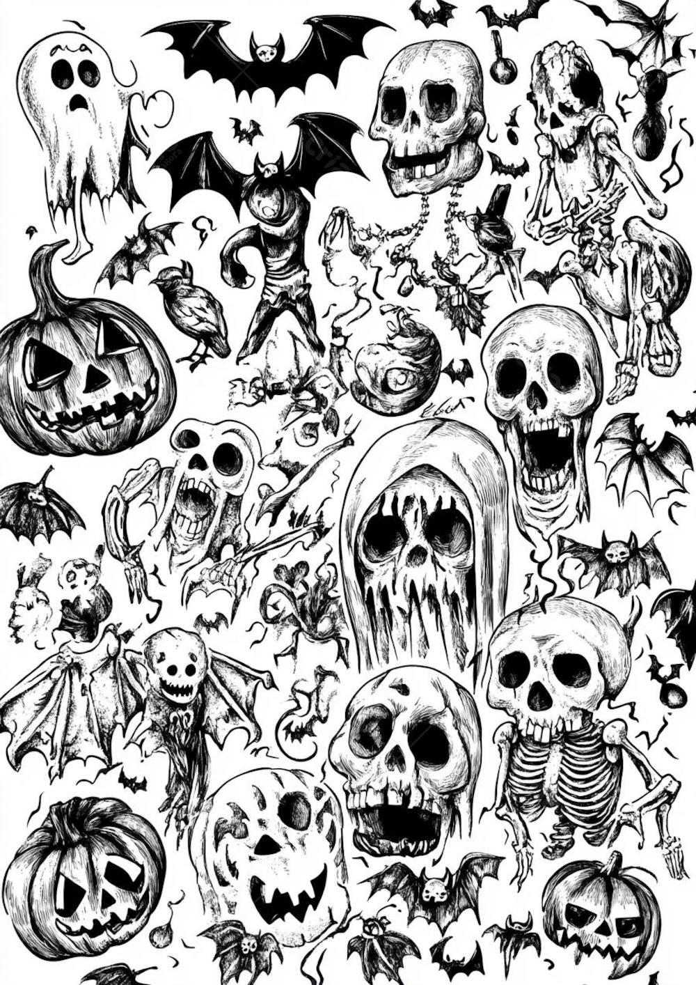 Um desenho detalhado de vários símbolos do Halloween_07