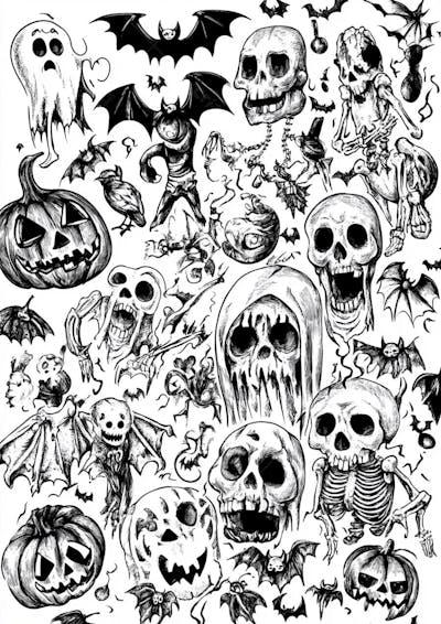 Um desenho detalhado de vários símbolos do Halloween_07