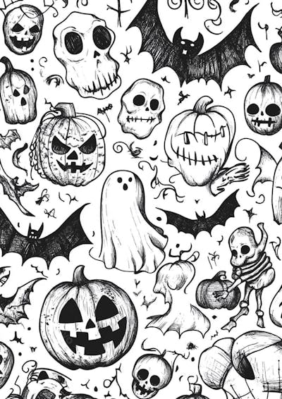 Um desenho detalhado de vários símbolos do Halloween_10