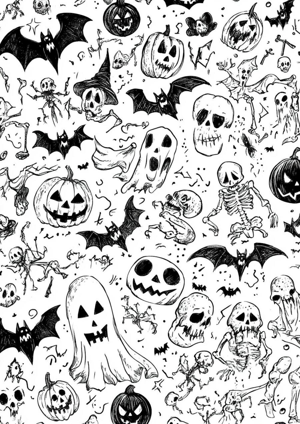 Um desenho detalhado de vários símbolos do Halloween_11