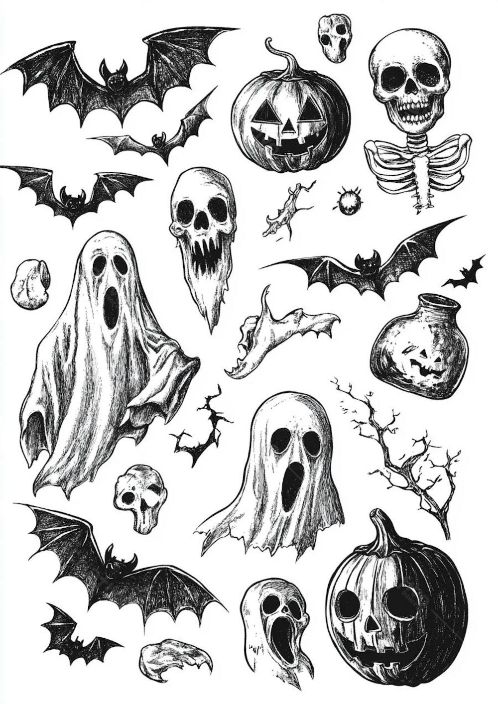 Um desenho detalhado de vários símbolos do Halloween_12