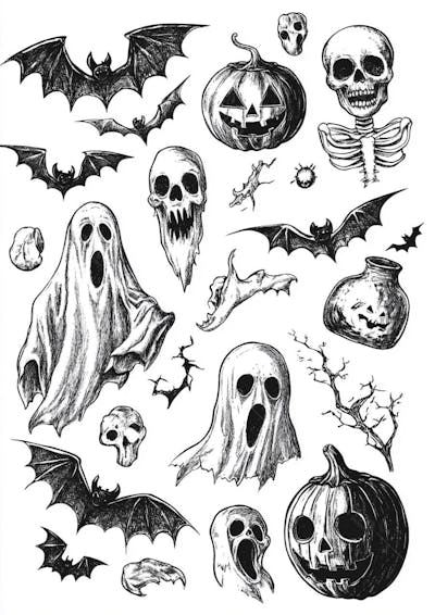 Um desenho detalhado de vários símbolos do Halloween_12